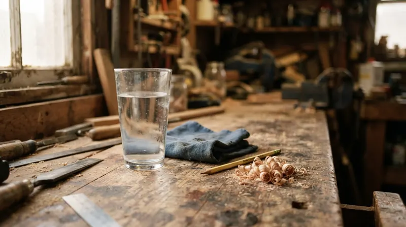 A tall glass of water on a wooden workbench with a pencil and wood shavings