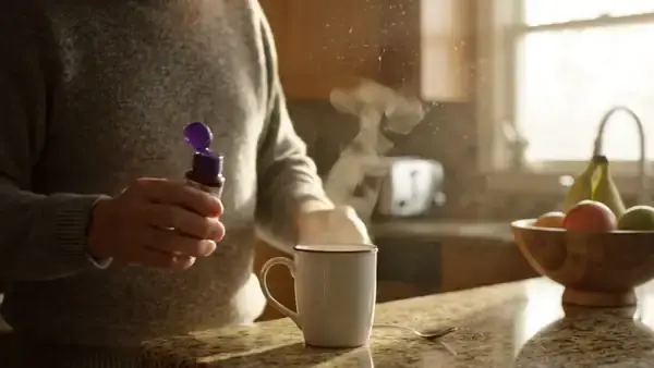 A man in his sixties squeezing a small purple bottle into his morning mug of coffee at the kitchen counter